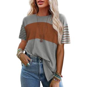 imageSHEWIN Womens Casual Short Sleeve Shirts Loose Crewneck Color Block Tshirts TopsB Grey