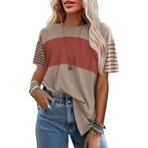 imageSHEWIN Womens Casual Short Sleeve Shirts Loose Crewneck Color Block Tshirts TopsB Khaki