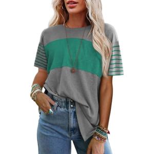 imageSHEWIN Womens Casual Short Sleeve Shirts Loose Crewneck Color Block Tshirts TopsB Light Grey