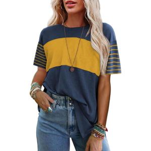 imageSHEWIN Womens Casual Short Sleeve Shirts Loose Crewneck Color Block Tshirts TopsB Navy Blue