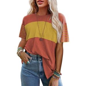 imageSHEWIN Womens Casual Short Sleeve Shirts Loose Crewneck Color Block Tshirts TopsB Orange