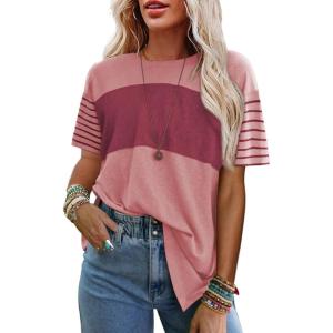 imageSHEWIN Womens Casual Short Sleeve Shirts Loose Crewneck Color Block Tshirts TopsB Pink