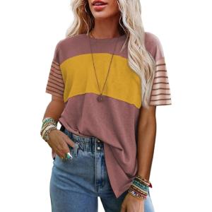 imageSHEWIN Womens Casual Short Sleeve Shirts Loose Crewneck Color Block Tshirts TopsB Red