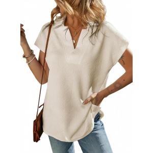 imageSHEWIN Womens Polo Shirts Casual Collared Short Sleeve Shirt Loose V Neck Tunic TopsA Apricot
