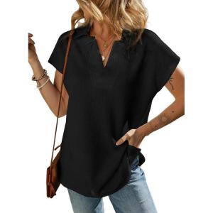 imageSHEWIN Womens Polo Shirts Casual Collared Short Sleeve Shirt Loose V Neck Tunic TopsA Black