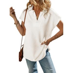 imageSHEWIN Womens Polo Shirts Casual Collared Short Sleeve Shirt Loose V Neck Tunic TopsA White