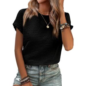 imageSHEWIN Womens Summer Tops Crewneck Short Sleeve T Shirts Casual Textured Work Shirt Loose BlousesBlack