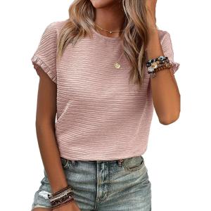 imageSHEWIN Womens Summer Tops Crewneck Short Sleeve T Shirts Casual Textured Work Shirt Loose BlousesPink