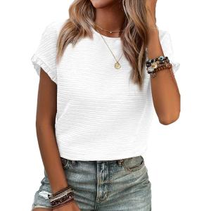 imageSHEWIN Womens Summer Tops Crewneck Short Sleeve T Shirts Casual Textured Work Shirt Loose BlousesWhite