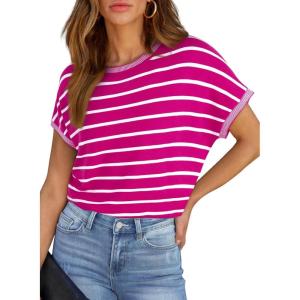 imageSHEWIN Womens Sweater Vest Casual Crew Neck Cap Short Sleeve Striped Knit Lightweight Pullover Sweaters T Shirt TopsB Rose Stripe