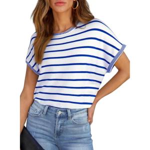 imageSHEWIN Womens Sweater Vest Casual Crew Neck Cap Short Sleeve Striped Knit Lightweight Pullover Sweaters T Shirt TopsB Sky Blue Stripe