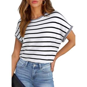 imageSHEWIN Womens Sweater Vest Casual Crew Neck Cap Short Sleeve Striped Knit Lightweight Pullover Sweaters T Shirt TopsB White Stripe
