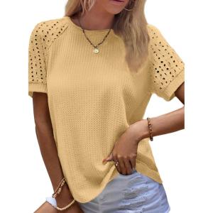 imageSHEWIN Womens Waffle Knit Tops Casual Crew Neck Hollow Out Raglan Short Sleeve Summer TShirts BlousesA Yellow