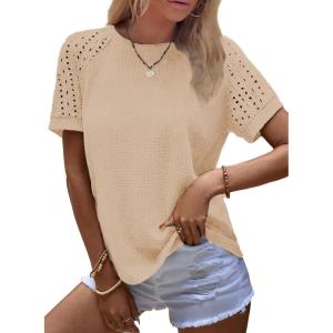 imageSHEWIN Womens Waffle Knit Tops Casual Crew Neck Hollow Out Raglan Short Sleeve Summer TShirts BlousesB Apricot