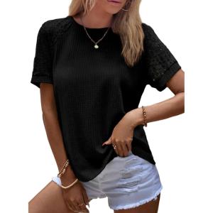 imageSHEWIN Womens Waffle Knit Tops Casual Crew Neck Hollow Out Raglan Short Sleeve Summer TShirts BlousesB Black