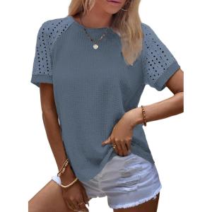 imageSHEWIN Womens Waffle Knit Tops Casual Crew Neck Hollow Out Raglan Short Sleeve Summer TShirts BlousesB Dusk Blue