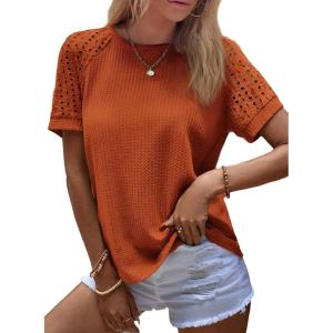imageSHEWIN Womens Waffle Knit Tops Casual Crew Neck Hollow Out Raglan Short Sleeve Summer TShirts BlousesB Gold Flame