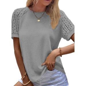imageSHEWIN Womens Waffle Knit Tops Casual Crew Neck Hollow Out Raglan Short Sleeve Summer TShirts BlousesB Medium Grey