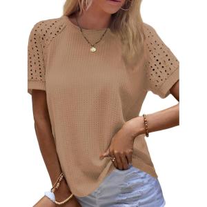 imageSHEWIN Womens Waffle Knit Tops Casual Crew Neck Hollow Out Raglan Short Sleeve Summer TShirts BlousesB Smoke Gray
