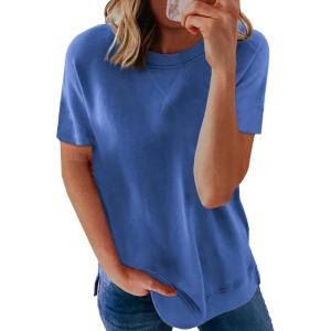 imageBiucly Womens Short Sleeve Crewneck Shirts Loose Casual Tee TShirtB Blue