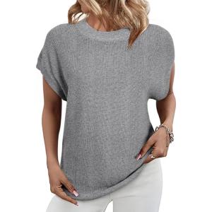 imageSHEWIN Womens Sweaters Crewneck Short Sleeve Shirts Casual Ribbed Knit Pullover Sweater Loose Tops for Women 2025Gray