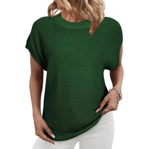 imageSHEWIN Womens Sweaters Crewneck Short Sleeve Shirts Casual Ribbed Knit Pullover Sweater Loose Tops for Women 2025Jungle Green