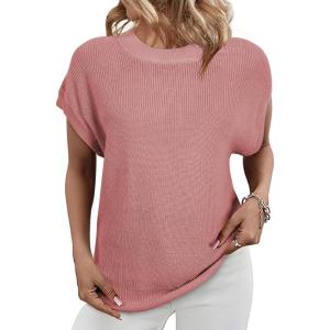 imageSHEWIN Womens Sweaters Crewneck Short Sleeve Shirts Casual Ribbed Knit Pullover Sweater Loose Tops for Women 2025Light Pink