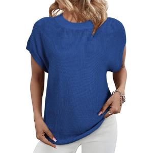 imageSHEWIN Womens Sweaters Crewneck Short Sleeve Shirts Casual Ribbed Knit Pullover Sweater Loose Tops for Women 2025Navy Blue