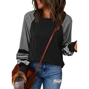imageSHEWIN Womens Tops Crew Neck Striped Raglan Latern Long Sleeve Shirts Pullover TunicsBlack