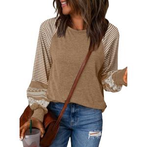 imageSHEWIN Womens Tops Crew Neck Striped Raglan Latern Long Sleeve Shirts Pullover TunicsBrown