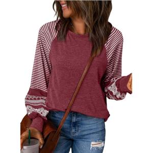 imageSHEWIN Womens Tops Crew Neck Striped Raglan Latern Long Sleeve Shirts Pullover TunicsBurgundy