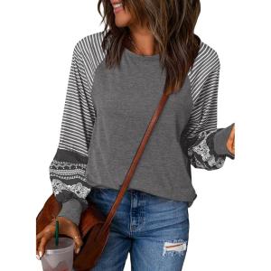 imageSHEWIN Womens Tops Crew Neck Striped Raglan Latern Long Sleeve Shirts Pullover TunicsGray