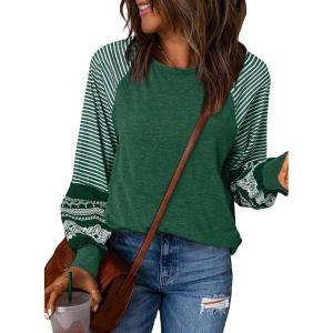 imageSHEWIN Womens Tops Crew Neck Striped Raglan Latern Long Sleeve Shirts Pullover TunicsGreen