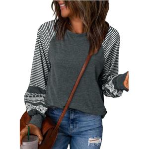 imageSHEWIN Womens Tops Crew Neck Striped Raglan Latern Long Sleeve Shirts Pullover TunicsMedium Grey