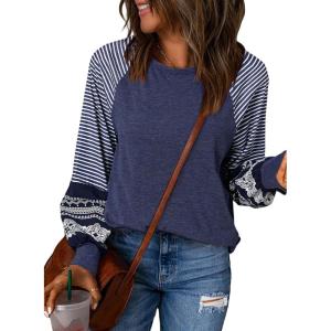 imageSHEWIN Womens Tops Crew Neck Striped Raglan Latern Long Sleeve Shirts Pullover TunicsNavy Blue