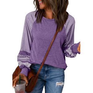 imageSHEWIN Womens Tops Crew Neck Striped Raglan Latern Long Sleeve Shirts Pullover TunicsPurple