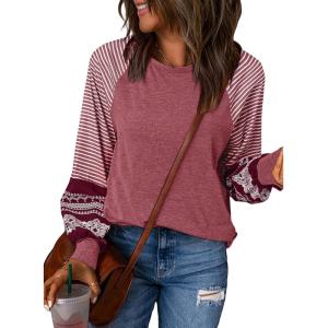 imageSHEWIN Womens Tops Crew Neck Striped Raglan Latern Long Sleeve Shirts Pullover TunicsRed