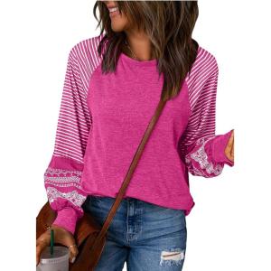 imageSHEWIN Womens Tops Crew Neck Striped Raglan Latern Long Sleeve Shirts Pullover TunicsRose Red