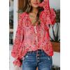 imageBiucly Womens Casual Boho Floral Print V Neck Long Sleeve Drawstring Tops Loose Blouses Button Down ShirtsC Z Flower Red