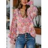 imageBiucly Womens Casual Boho Floral Print V Neck Long Sleeve Drawstring Tops Loose Blouses Button Down ShirtsCzflower Red