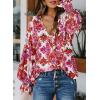 imageBiucly Womens Casual Boho Floral Print V Neck Long Sleeve Drawstring Tops Loose Blouses Button Down ShirtsCzflower Rose