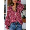 imageBiucly Womens Casual Boho Floral Print V Neck Long Sleeve Drawstring Tops Loose Blouses Button Down ShirtsCzflower Rose Pink