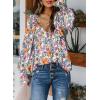 imageBiucly Womens Casual Boho Floral Print V Neck Long Sleeve Drawstring Tops Loose Blouses Button Down ShirtsCzflower Sky Blue