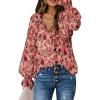imageBiucly Womens Casual Boho Floral Print V Neck Long Sleeve Drawstring Tops Loose Blouses Button Down ShirtsCzflower Pink