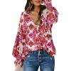 imageBiucly Womens Casual Boho Floral Print V Neck Long Sleeve Drawstring Tops Loose Blouses Button Down ShirtsCzflower Rose