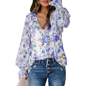 imageBiucly Womens Casual Boho Floral Print V Neck Long Sleeve Drawstring Tops Loose Blouses Button Down ShirtsBlue