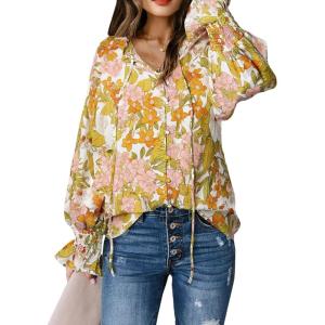 imageBiucly Womens Casual Boho Floral Print V Neck Long Sleeve Drawstring Tops Loose Blouses Button Down ShirtsBzflower Yellow