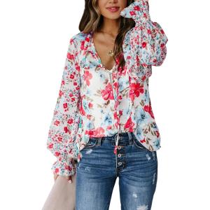 imageBiucly Womens Casual Boho Floral Print V Neck Long Sleeve Drawstring Tops Loose Blouses Button Down ShirtsBzred