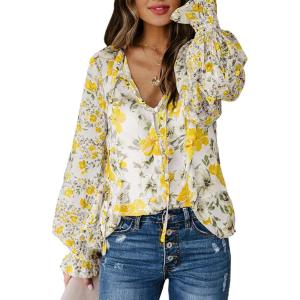 imageBiucly Womens Casual Boho Floral Print V Neck Long Sleeve Drawstring Tops Loose Blouses Button Down ShirtsBzyellow