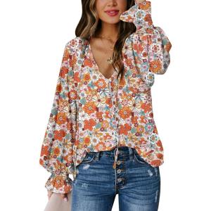 imageBiucly Womens Casual Boho Floral Print V Neck Long Sleeve Drawstring Tops Loose Blouses Button Down ShirtsC Z Flower Orange
